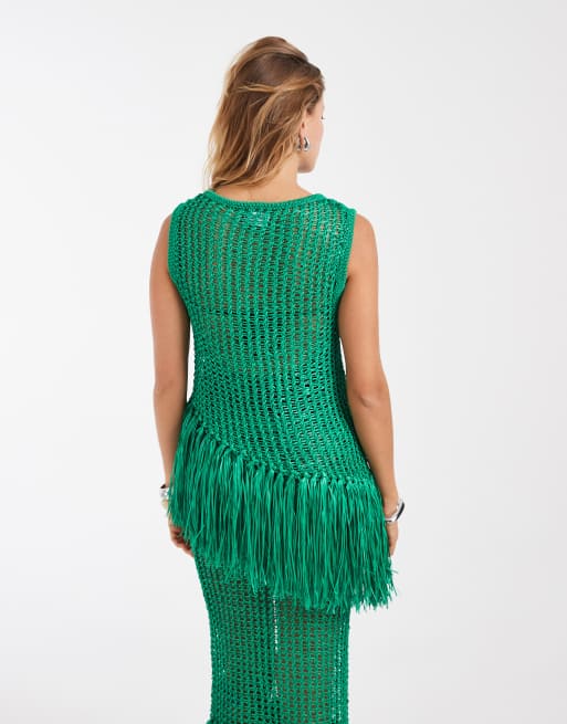 ASOS DESIGN - Top senza maniche asimmetrico verde con orlo con frange e cuciture traforate, 2 di 4