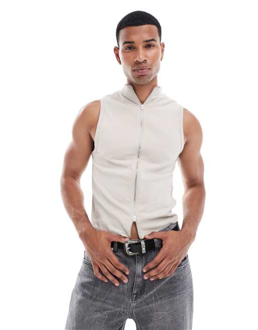 ASOS DESIGN - Top senza maniche attillato color pietra a coste con zip a doppia estremità