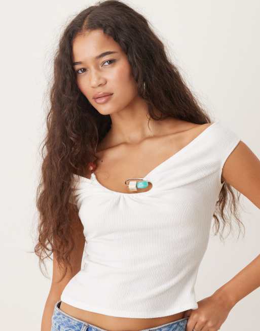 ASOS DESIGN - Top senza maniche bianco a coste con dettagli