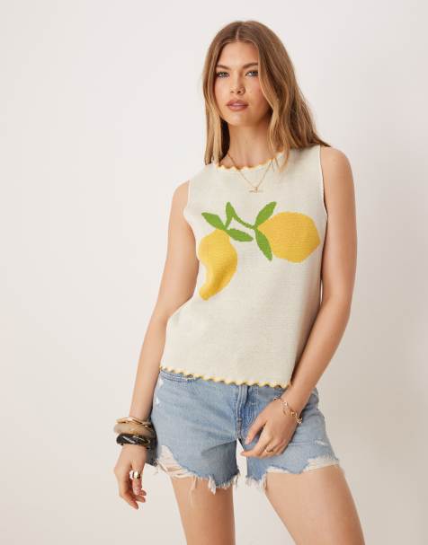 ASOS DESIGN - Top senza maniche bianco in maglia con limoni - view 1