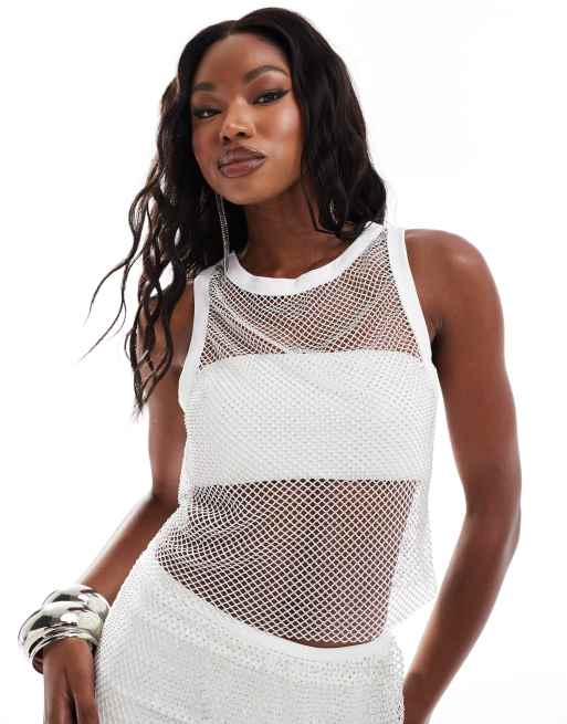 ASOS DESIGN - Top senza maniche bianco in rete con profili e applicazioni fissate a caldo in coordinato