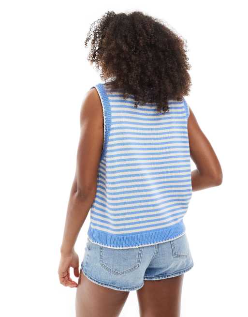 ASOS DESIGN - Top senza maniche blu a righe in maglia con cuciture a contrasto, 4 di 4
