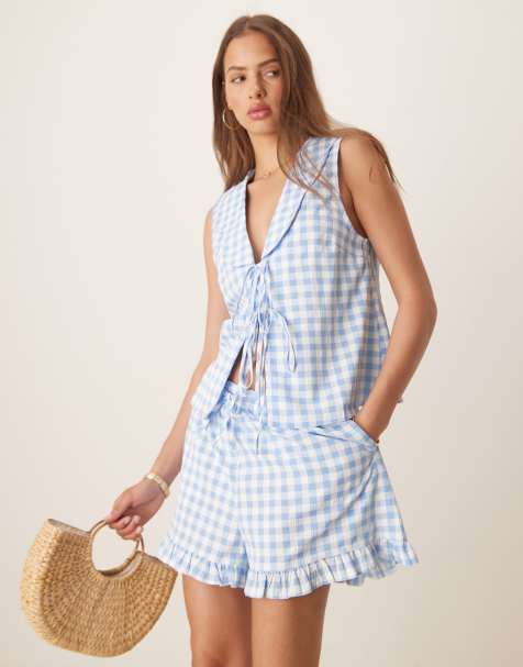 ASOS DESIGN - Top senza maniche blu e bianco a quadretti con colletto oversize e volant in coordinato - view 1
