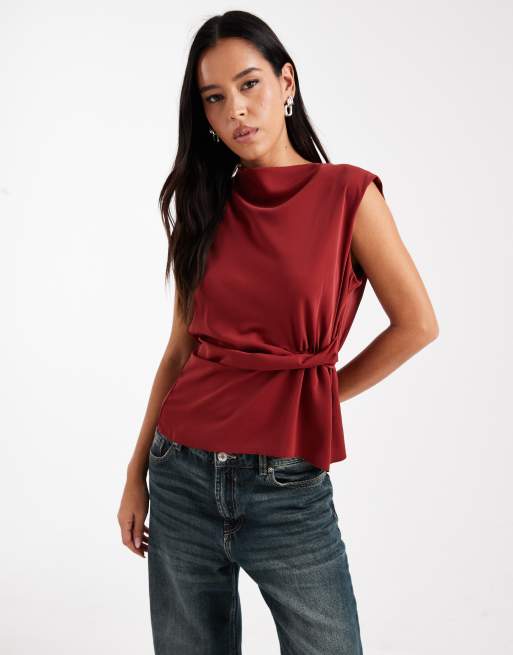 ASOS DESIGN - Top senza maniche bordeaux con scollo ad anello e dettaglio intrecciato in vita