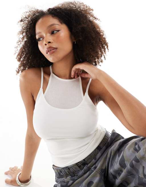 ASOS DESIGN - Top senza maniche color avorio a doppio strato in rete e sinuoso