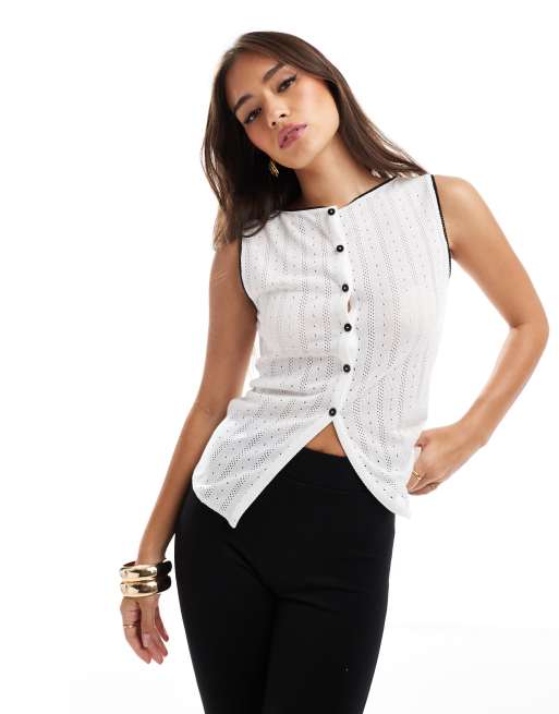 ASOS DESIGN - Top senza maniche color avorio traforato con bottoni