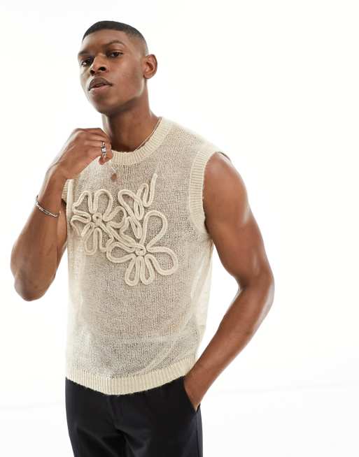 ASOS DESIGN - Top senza maniche comodo color pietra in maglia traforata testurizzata