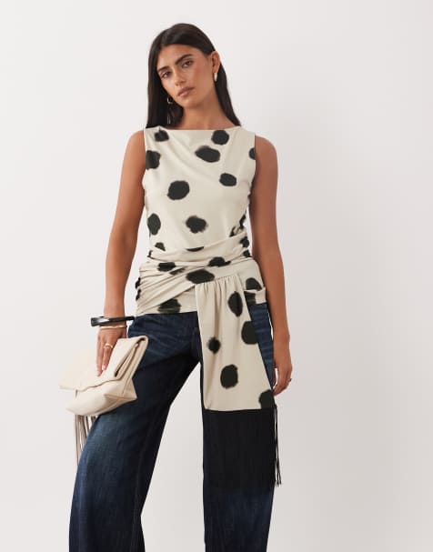ASOS DESIGN top senza maniche con dettaglio annodato con frange e stampa a pois - view 1