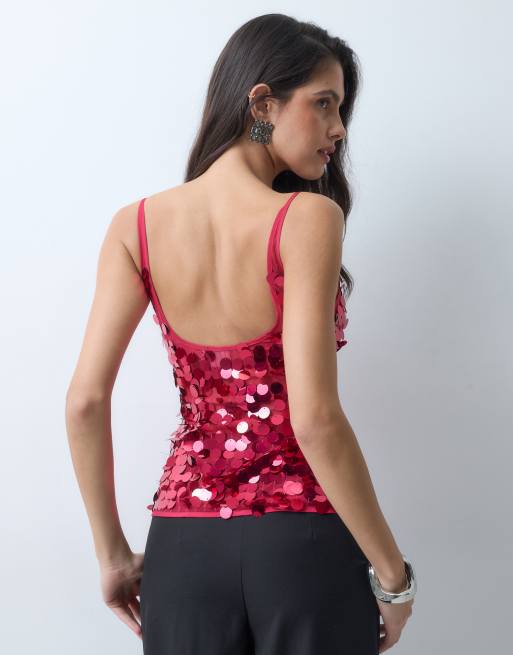 ASOS DESIGN top senza maniche con paillettes a disco sparse, scollo a barchetta, rosa, 3 di 5