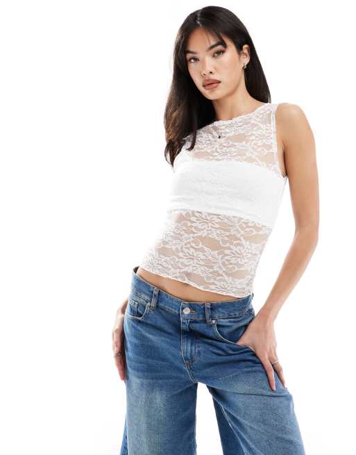 ASOS DESIGN - Top senza maniche con scollo a barchetta in pizzo avorio