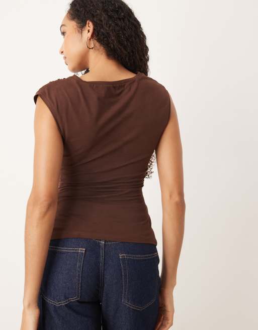 ASOS DESIGN - Top senza maniche in cotone arricciato color cioccolato, 4 di 4