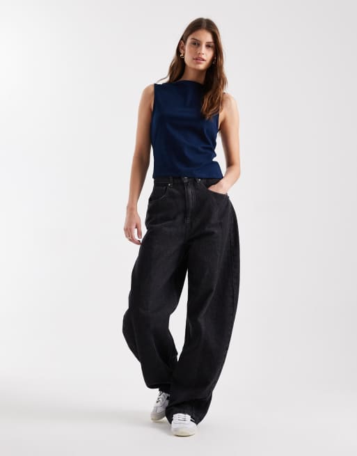 ASOS DESIGN - Top senza maniche in cotone blu navy con scollo a barchetta e fondo asimmetrico, 3 di 4