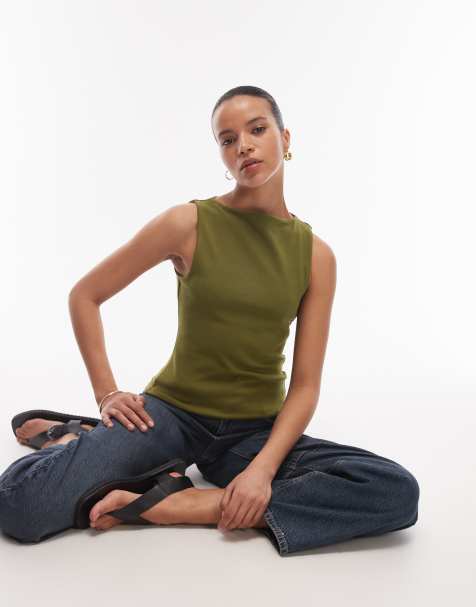 ASOS DESIGN - Top senza maniche in cotone compatto color kaki con scollo a barchetta - view 1