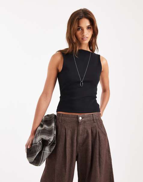 ASOS DESIGN - Top senza maniche in cotone compatto nero con scollo a barchetta - view 1