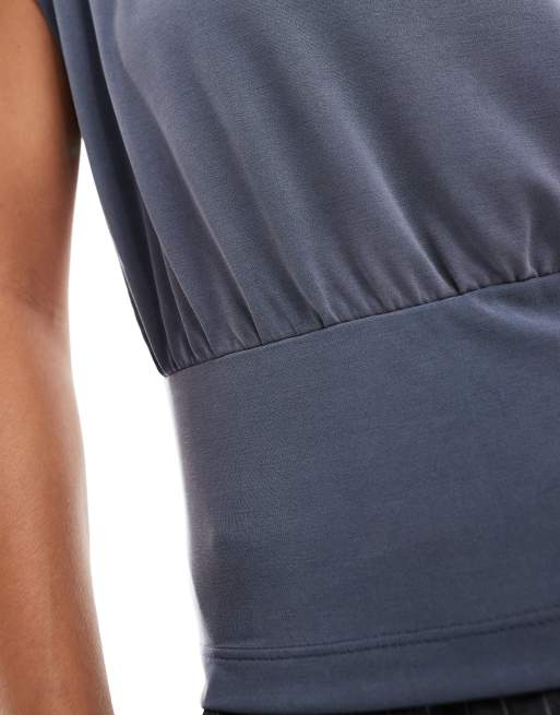 ASOS DESIGN - Top senza maniche in cupro blu navy a coste raccolto in vita, 4 di 4
