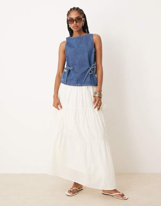 ASOS DESIGN - Top senza maniche in denim blu medio stretto e allacciato in vita, 3 di 4