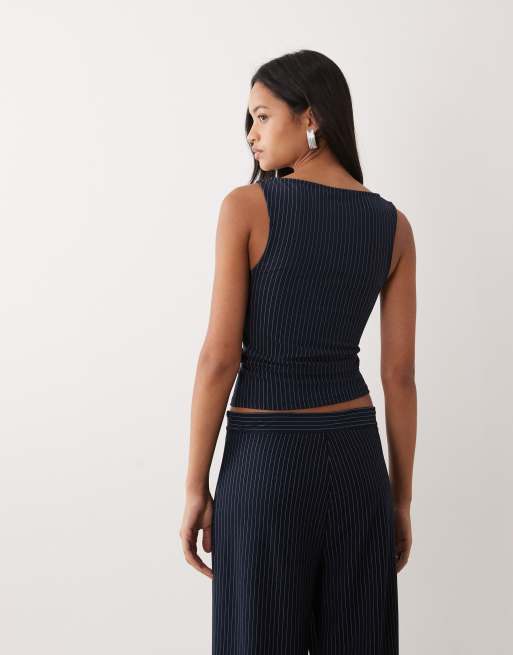 ASOS DESIGN - Top senza maniche in jersey blu navy a righe con scollo a barchetta in coordinato, 4 di 4