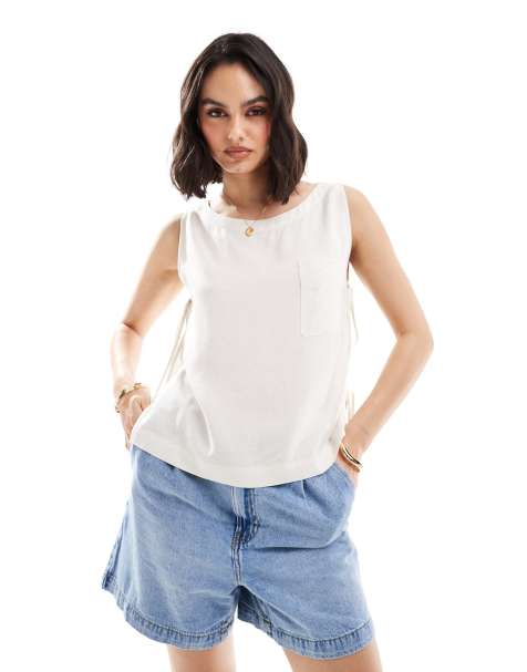 ASOS DESIGN - Top senza maniche in lino con allacciatura laterale colore neutro - view 1