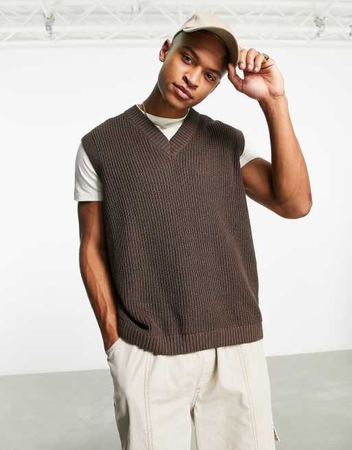 ASOS DESIGN - Top senza maniche in maglia a coste inglesi marrone a righe