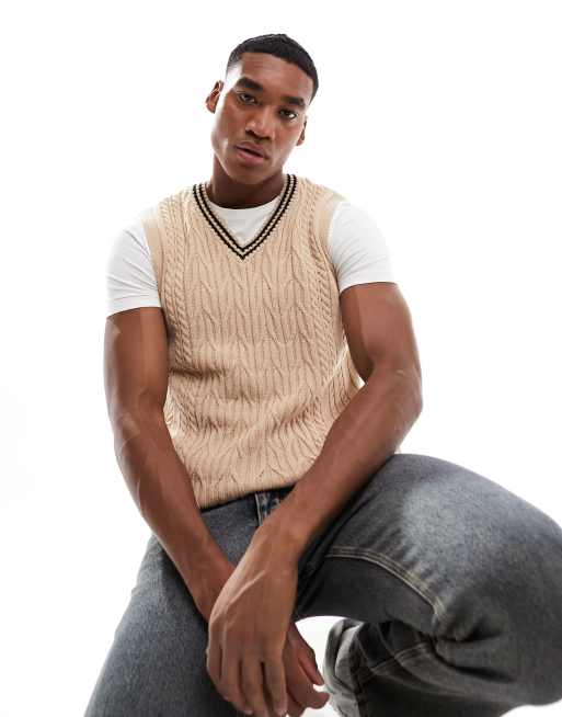 ASOS DESIGN - Top senza maniche in maglia a trecce color crema con bordi neri e scollo a V