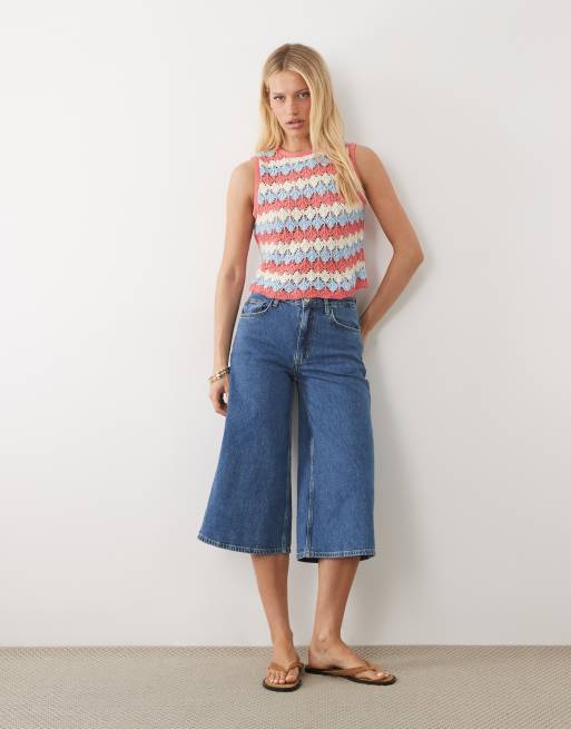 ASOS DESIGN - Top senza maniche in maglia all'uncinetto blu a righe in coordinato, 2 di 4