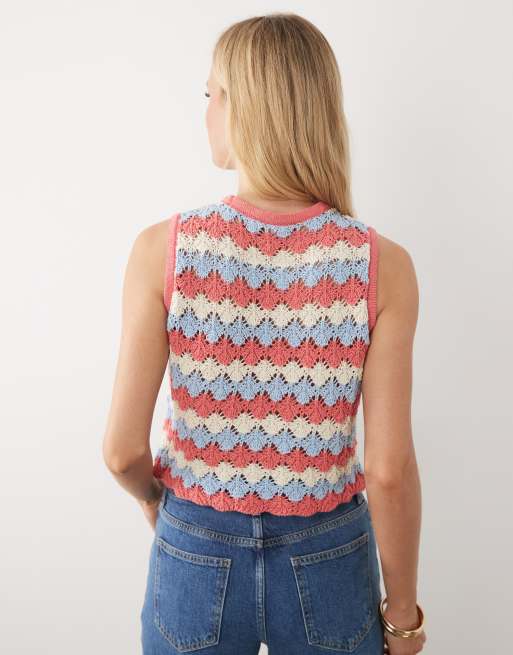 ASOS DESIGN - Top senza maniche in maglia all'uncinetto blu a righe in coordinato, 4 di 4