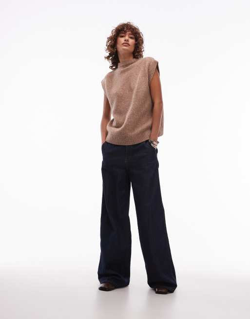 ASOS DESIGN - Top senza maniche in maglia color moka con orlo arrotondato