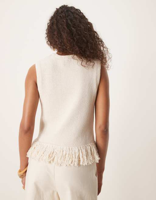 ASOS DESIGN - Top senza maniche in maglia color panna con frange, 3 di 4