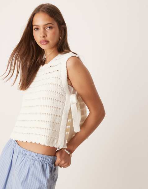 ASOS DESIGN - Top senza maniche in maglia color panna traforato con laccetti laterali - view 1