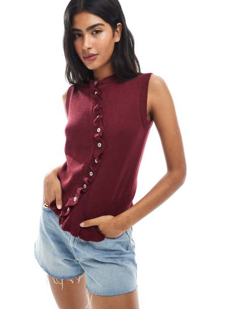 ASOS DESIGN - Top senza maniche in maglia color ruggine con abbottonatura irregolare e volant sui bordi - view 1