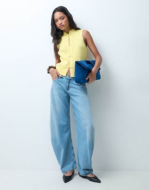 ASOS DESIGN top senza maniche in maglia con colletto alla coreana giallo pallido, 3 di 4