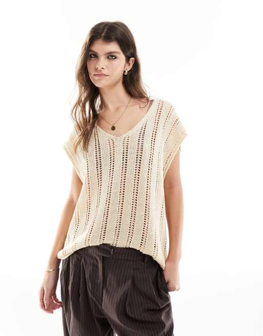 ASOS DESIGN - Top senza maniche in maglia crema traforato con colletto