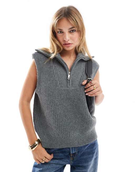ASOS DESIGN - Top senza maniche in maglia grigio antracite con zip