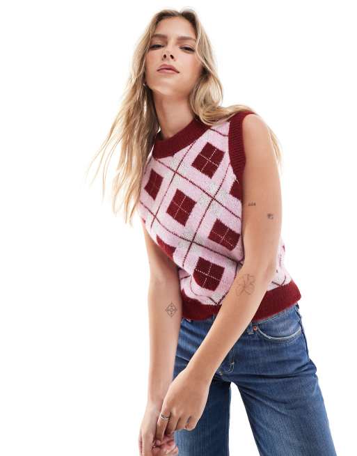 ASOS DESIGN - Top senza maniche in maglia soffice a rombi bordeaux