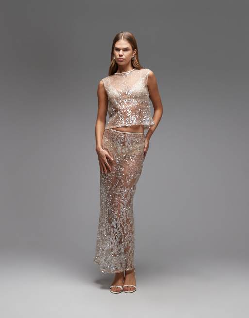 ASOS DESIGN - Top senza maniche in paillettes e rete trasparente e gonna lunga color oro rosa