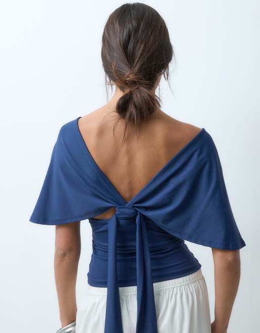 ASOS DESIGN - Top senza maniche in poliammide allacciato sul retro blu navy con scollo profondo, 2 di 4
