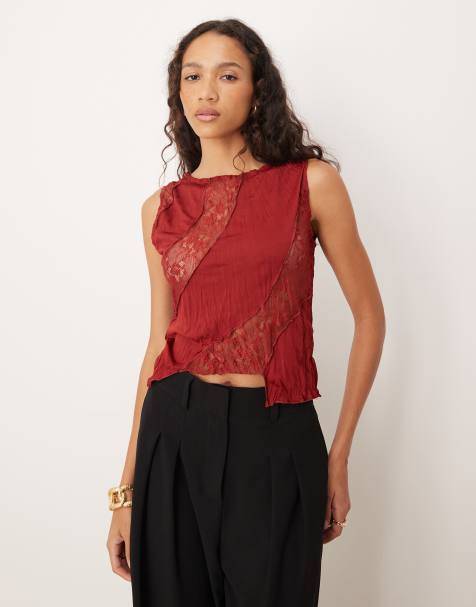 ASOS DESIGN - Top senza maniche in tessuto stropicciato misto pizzo bordeaux - view 1
