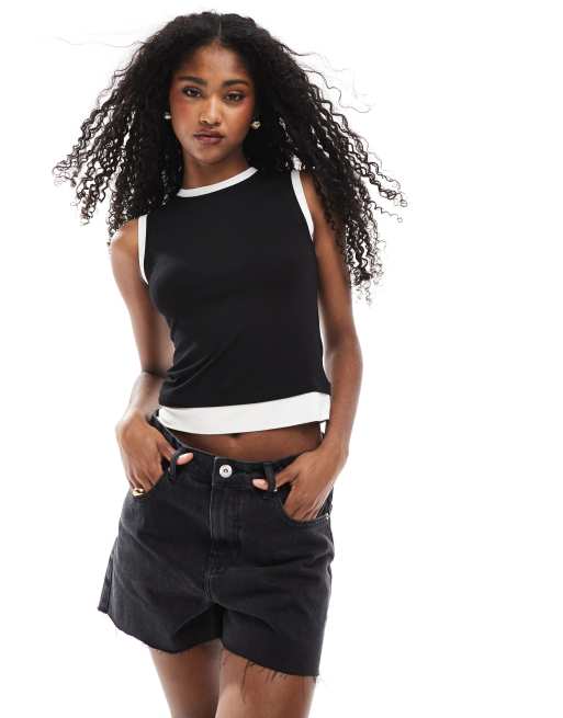 ASOS DESIGN - Top senza maniche nero a doppio strato con dettagli a contrasto