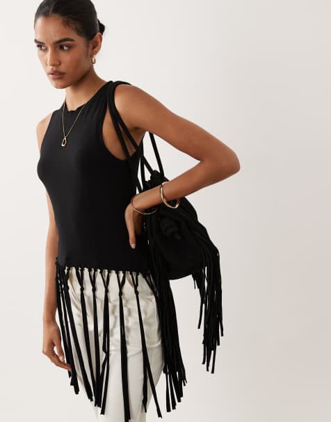 ASOS DESIGN - Top senza maniche nero con frange e nappe sul fondo - view 1
