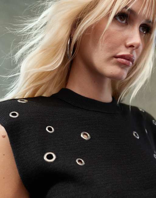 ASOS DESIGN - Top senza maniche nero in maglia con spalline imbottite e occhielli, 3 di 4