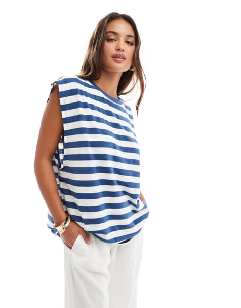 ASOS DESIGN - Top senza maniche oversize a righe bianche e blu navy con giromanica ampio - view 1