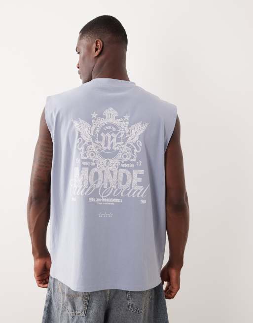 ASOS DESIGN - Top senza maniche oversize blu con grafica sul davanti e sul retro, 3 di 7
