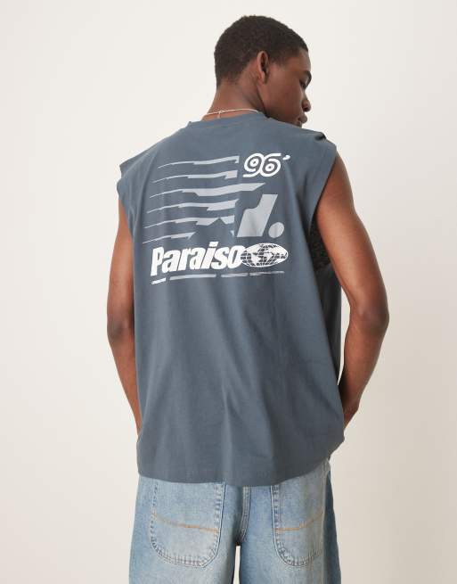 ASOS DESIGN - Top senza maniche oversize color antracite con grafica sportiva