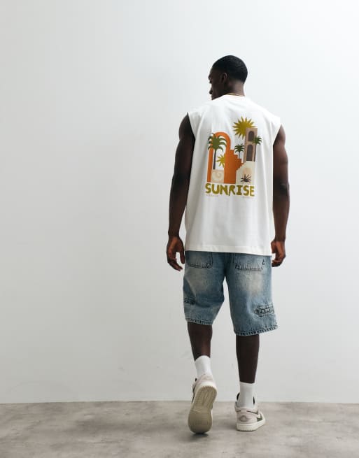ASOS DESIGN - Top senza maniche oversize color crema con grafica a tema vacanza