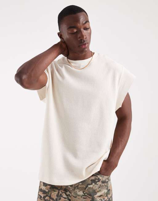 ASOS DESIGN - Top senza maniche oversize color panna a nido d'ape con maniche ad aletta