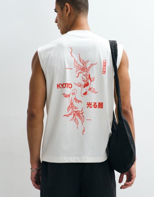 ASOS DESIGN - Top senza maniche oversize color panna con grafica koi