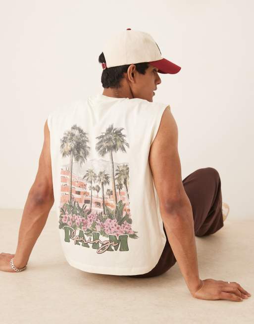 ASOS DESIGN - Top senza maniche oversize color tofu con stampa di palme sul retro