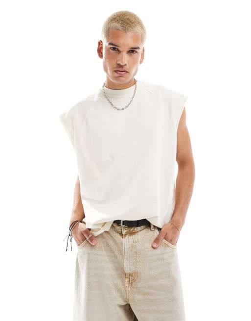ASOS DESIGN - Top senza maniche oversize con rovescio a ricci bianco sporco con dettagli con cuciture