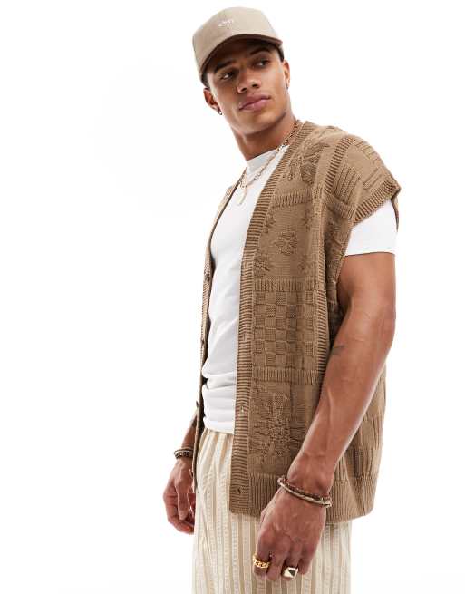 ASOS DESIGN - Top senza maniche oversize in maglia lavorata a trecce color talpa con bottoni