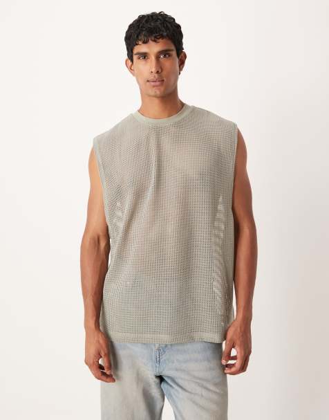 ASOS DESIGN - Top senza maniche oversize in rete traforata verde salvia con giromanica ampio - view 1